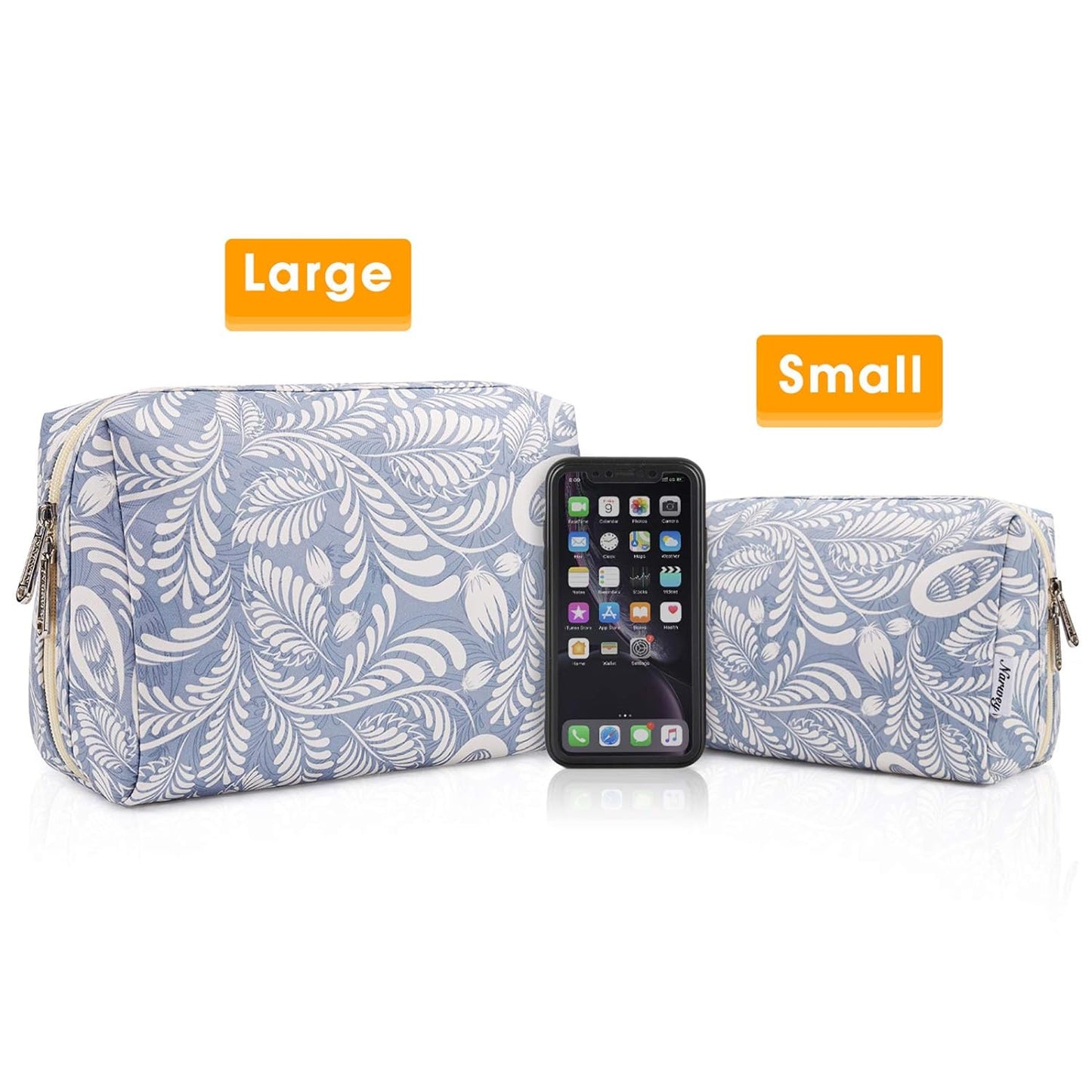 Large Makeup Bag Zipper Pouch Travel Cosmetic Organizer for Women (Large, Blue Leaf)