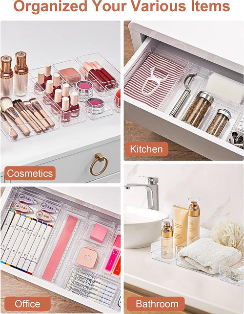 Load image into Gallery viewer, 22-Piece Drawer Organizer with Non-Slip Silicone Pads, 4-Size Clear Desk Drawer Organizer Trays Storage Tray for Makeup, Jewelries, Utensils in Bedroom Dresser, Office and Kitchen, Clear
