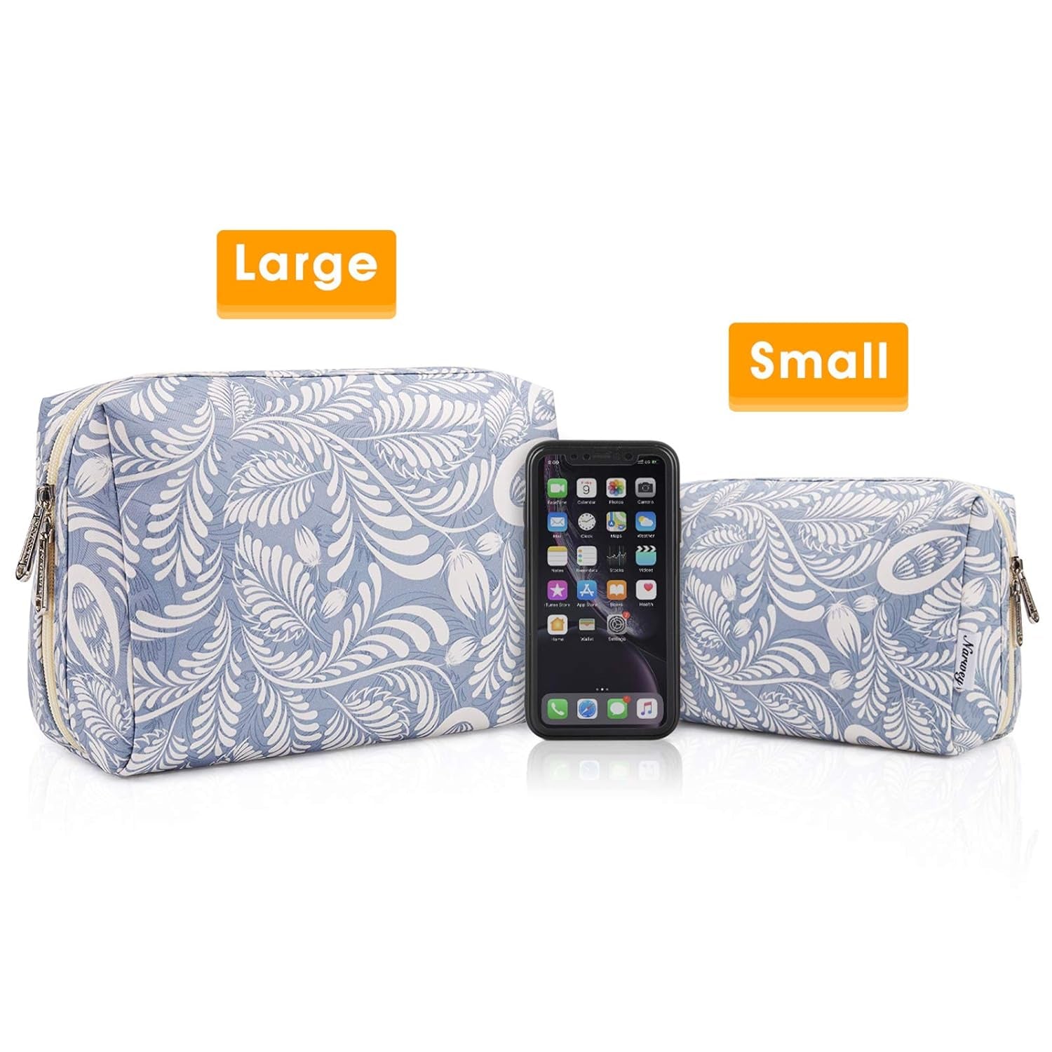 Large Makeup Bag Zipper Pouch Travel Cosmetic Organizer for Women (Large, Blue Leaf)