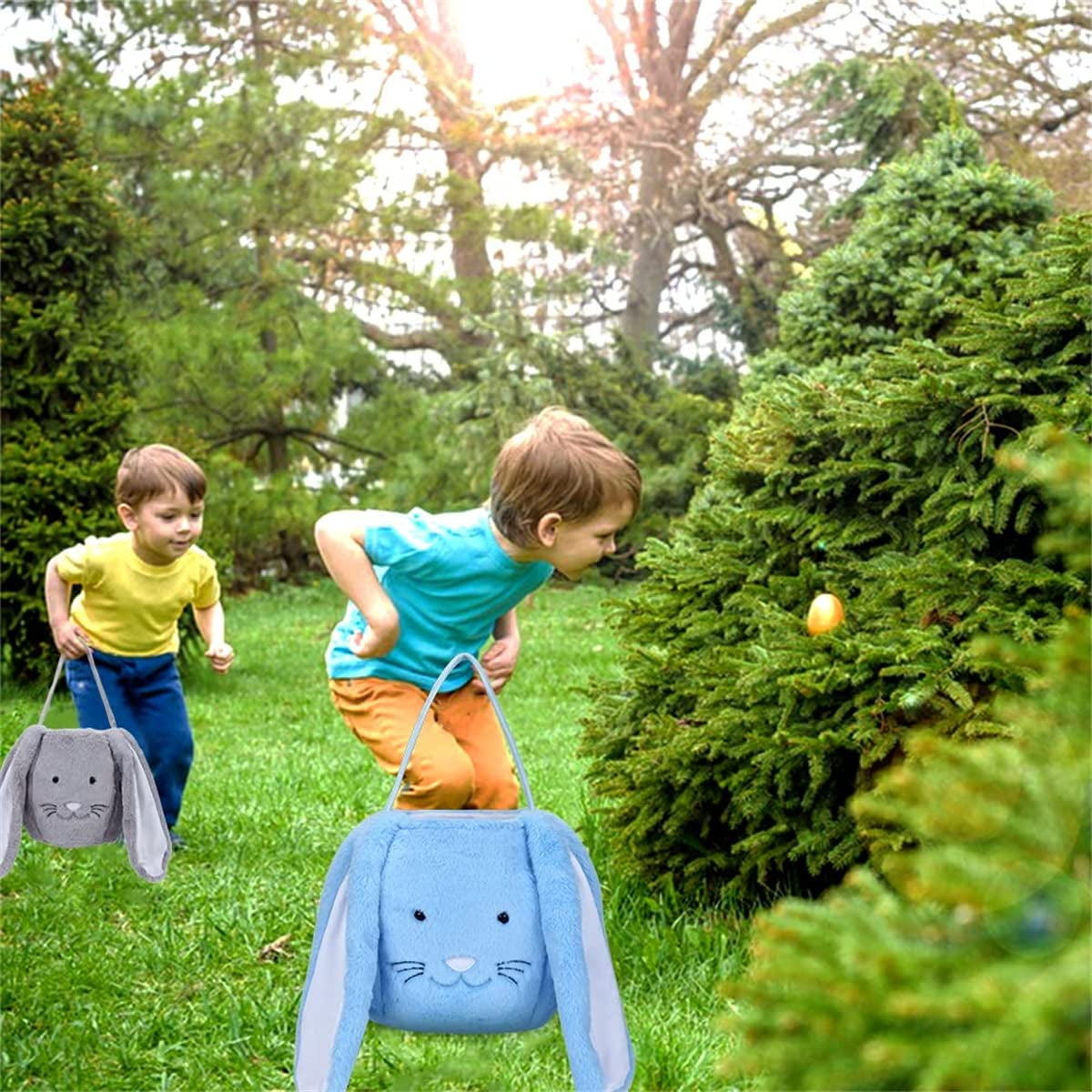 Plush Easter Bunny Basket, Monogrammed Bunny Easter Buckets with Long Plush Ear, Egg Hunting Easter Gift Bags for Kids Boys Girls, Easter Tote Bags for Easter Decorations Candy Gifts…