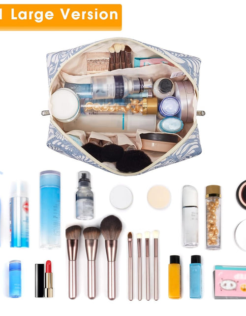 Load image into Gallery viewer, Large Makeup Bag Zipper Pouch Travel Cosmetic Organizer for Women (Large, Blue Leaf)
