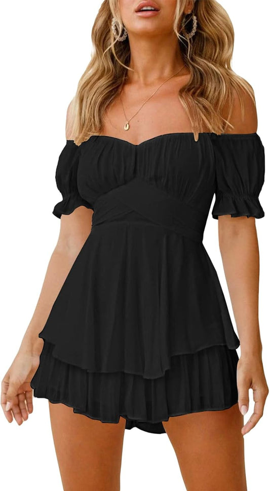 Women Boho Romper off Shoulder Ruffle Chiffon Shorts Jumpsuit Playsuit